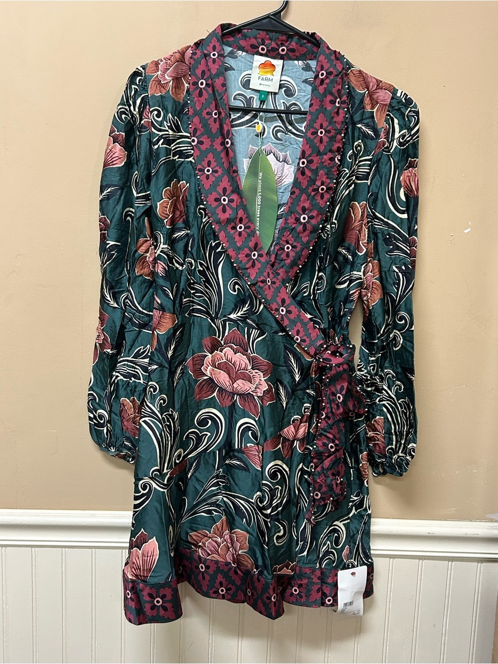 Farm Rio Arabesque Floral Green Mini Wrap Dress Sz S Multicolor Boho Beaded NWT